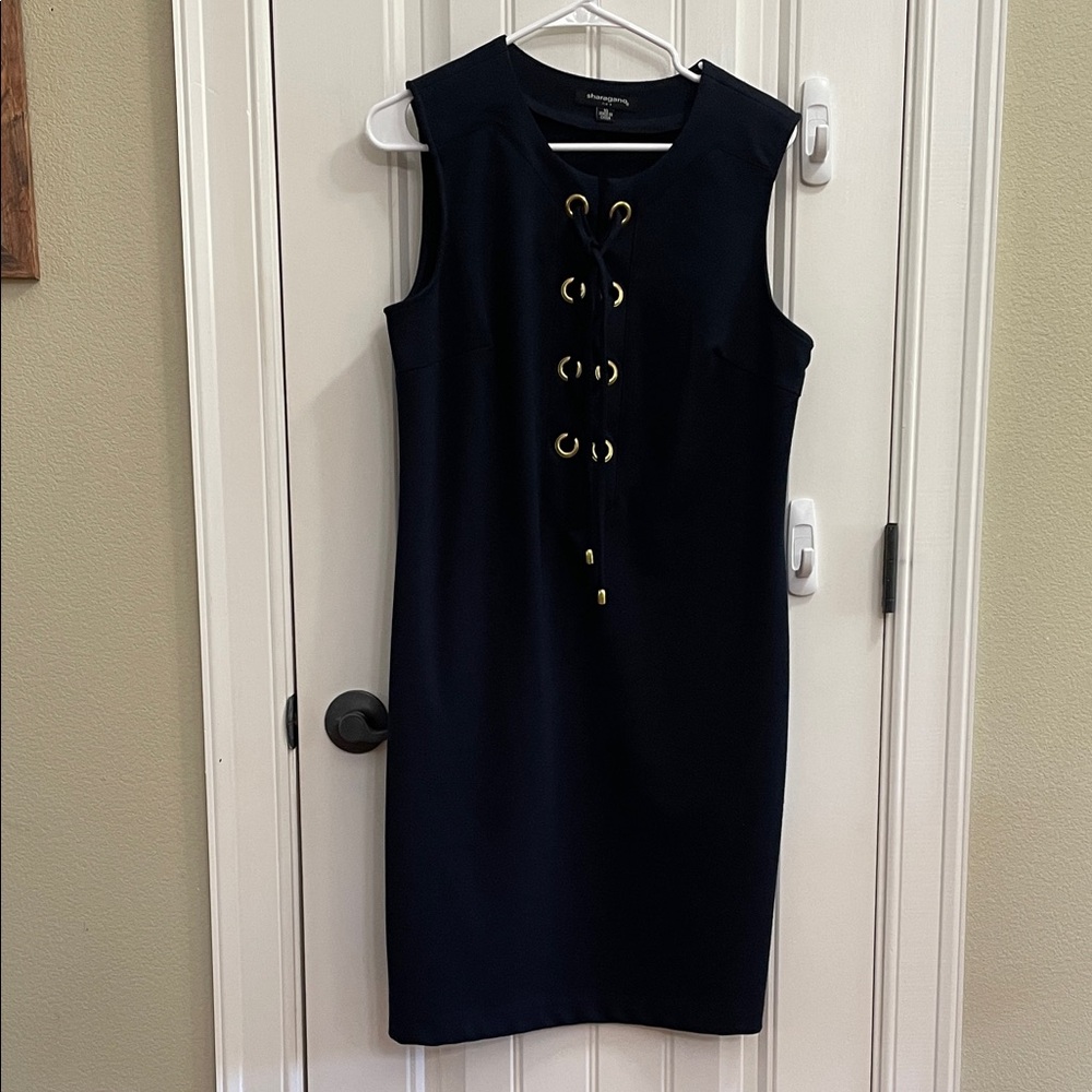Sharagano Navy Sheath Dress with Gold Grommet Lace-Up Front Size 10